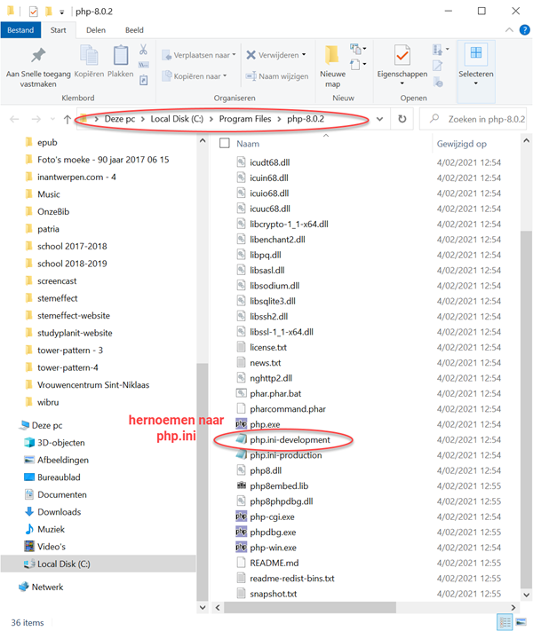 PHP 8.0.2 bestanden en mappen in Program Files 64 bit versie